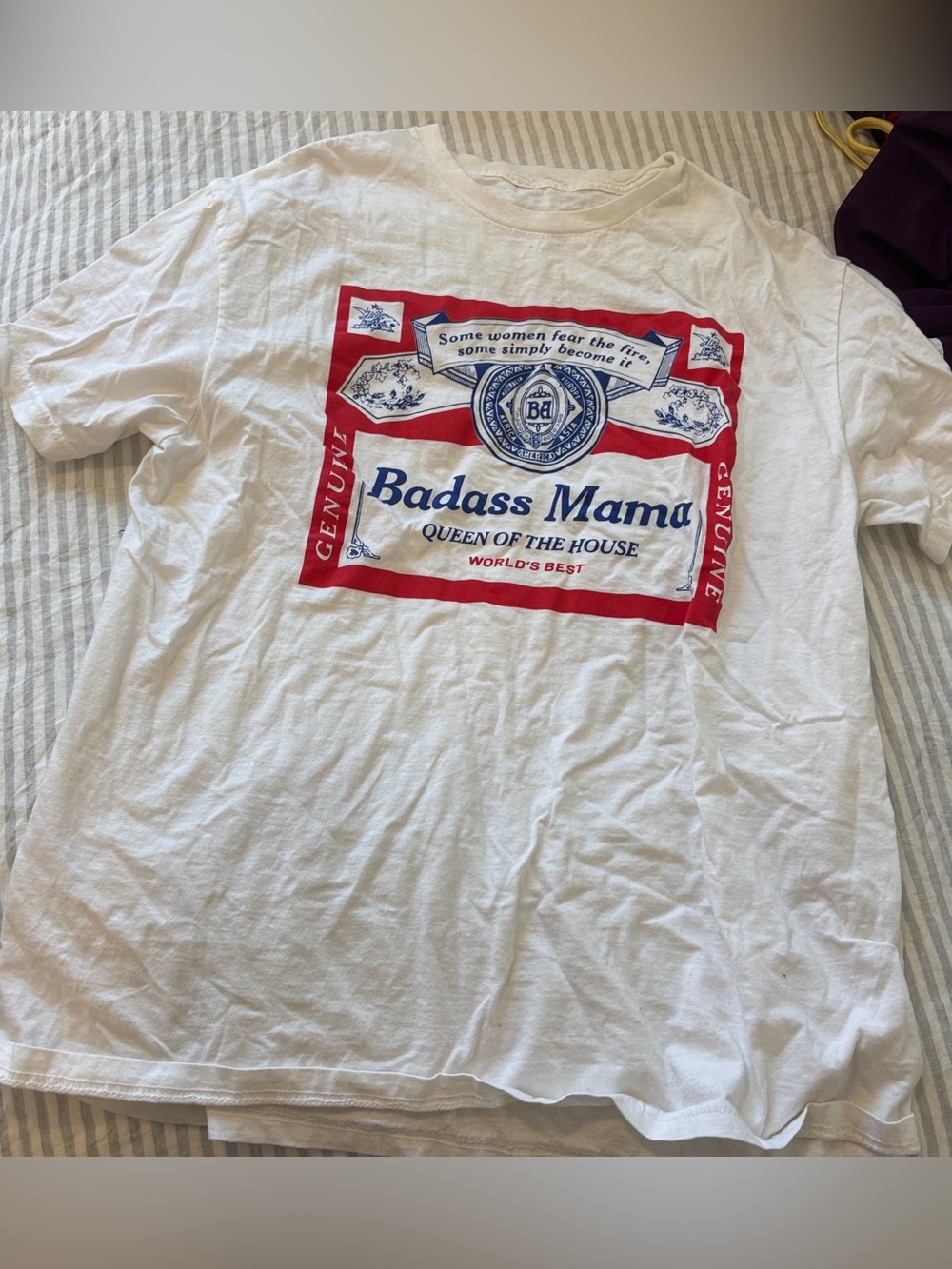 Badass Mama Graphic Tee - White with Red & Blue Print